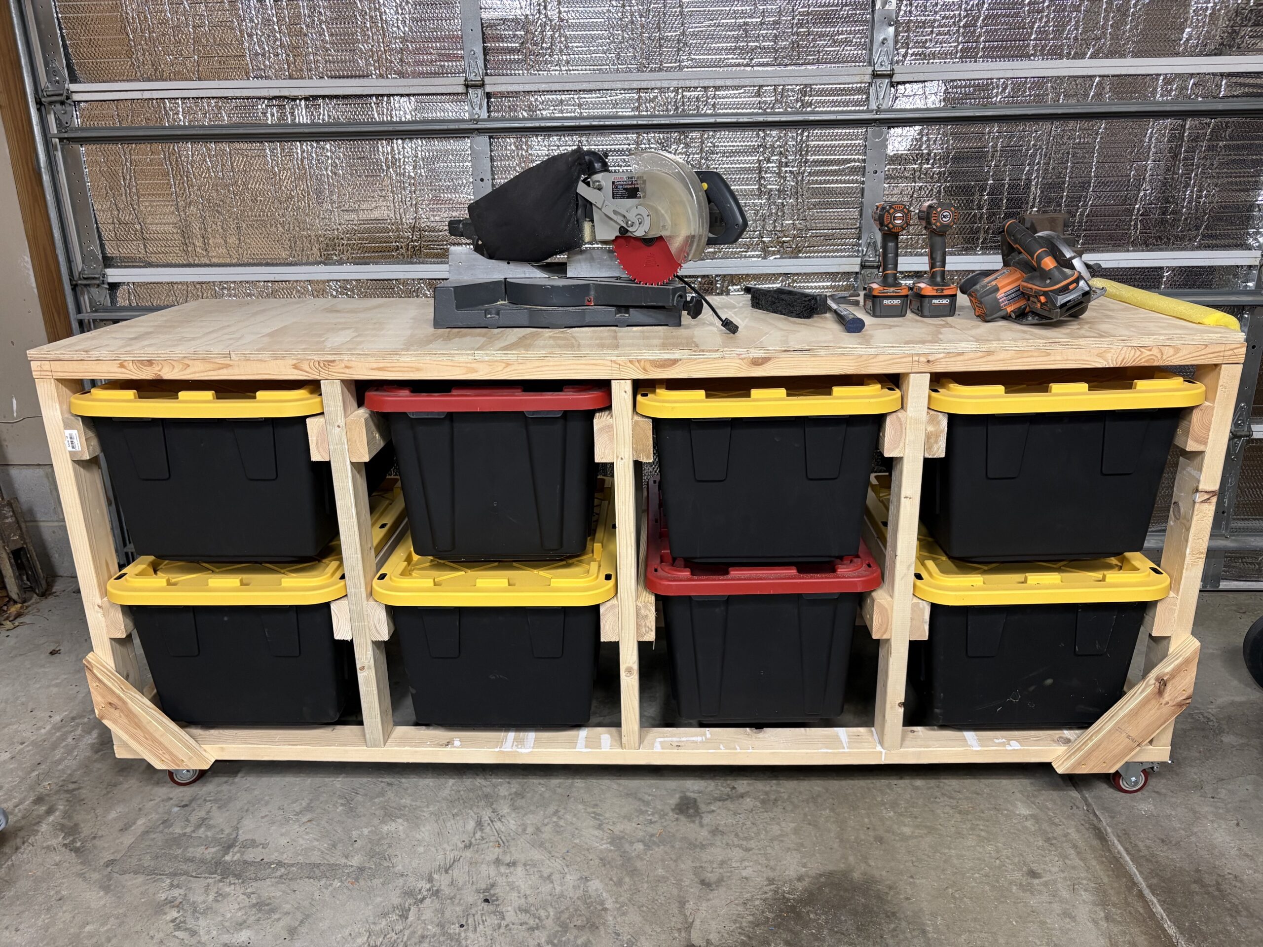Custom wood garage workbench and storage system on casters with workshop top — Bull City Handyman Durham NC